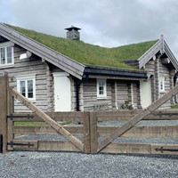 Stor portløsning med gangport ved siden, hengsler i smijern. Stolper og port behandlet med jernvitrol.